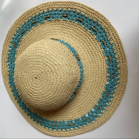 Boho wide brim round beach sun hat woven straw beads turquoise blue cream summer - Picture 4 of 7